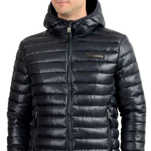 Plein Sport Men's Navy Blue Hooded Logo Print Zip Up Parka Jacket
